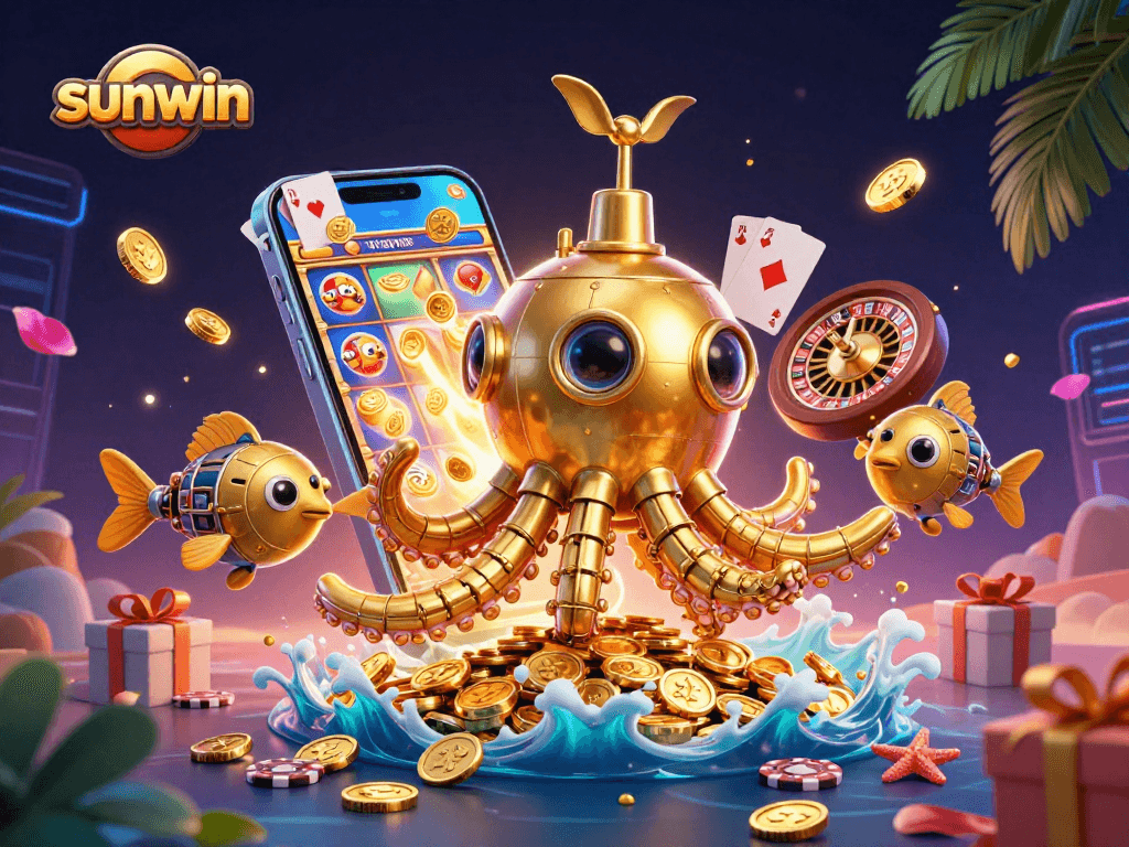 Spin vibrant slot games with sunwin's spectacular golden kraken submarine amid piles of coins.