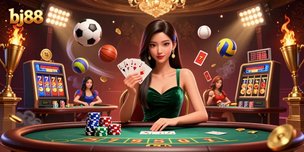 Experience thrilling gameplay at bj88 with a stunning poker scene surrounded by jackpot symbols and sports elements.