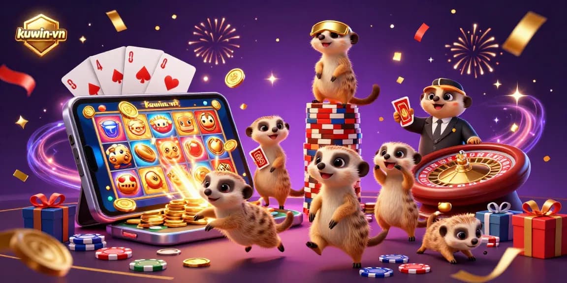 Engage with kuwin-vn's vibrant casino world featuring meerkats in a dynamic gaming scene.
