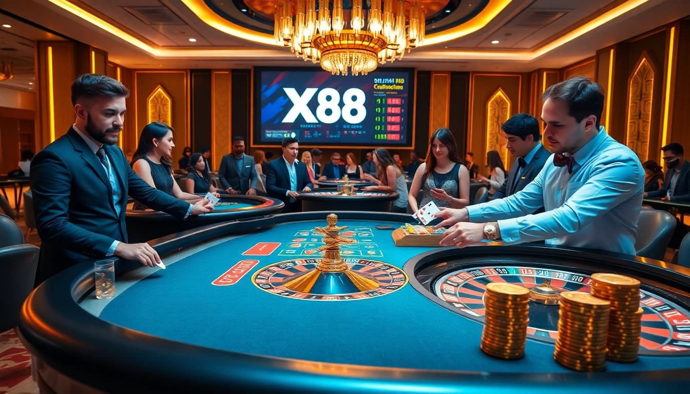 Players enjoying an exhilarating game at XX88 casino with roulette and poker tables lit by ambient luxury.