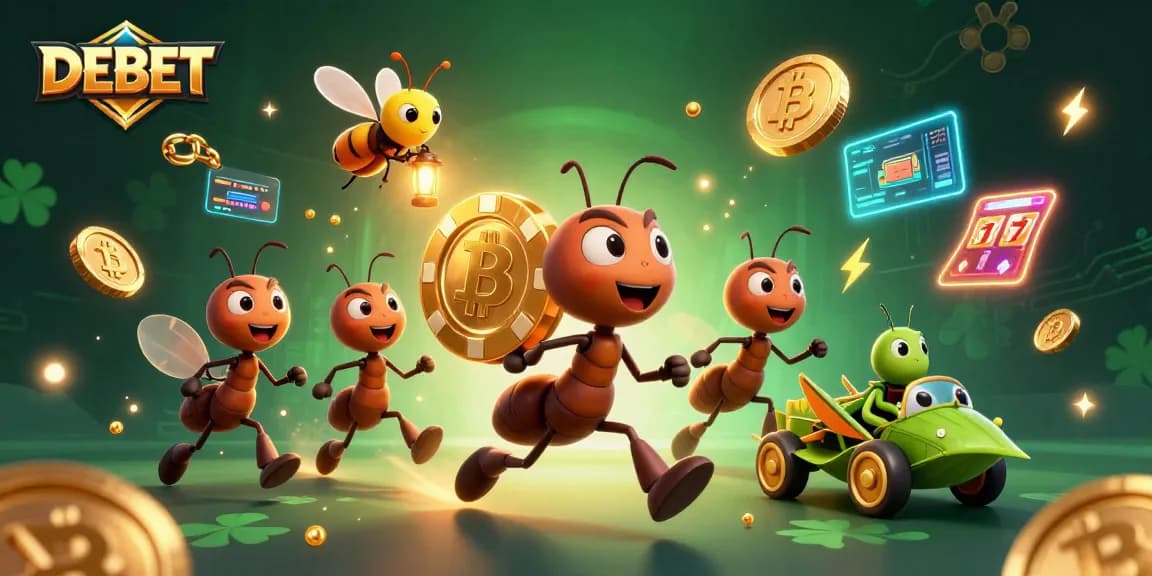 Ants executing a heist with DEBET poker chip, vibrant 3D illustration filled with casino elements.