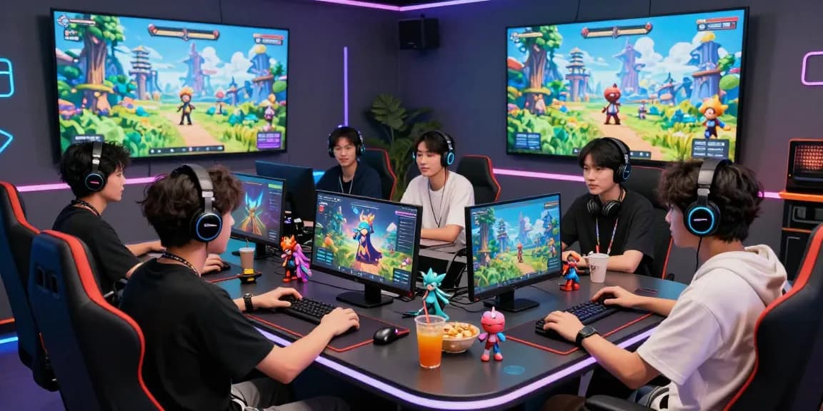 Diverse group enjoying AI roleplay in a vibrant gaming space, showcasing immersive character interactions and engaging environment.