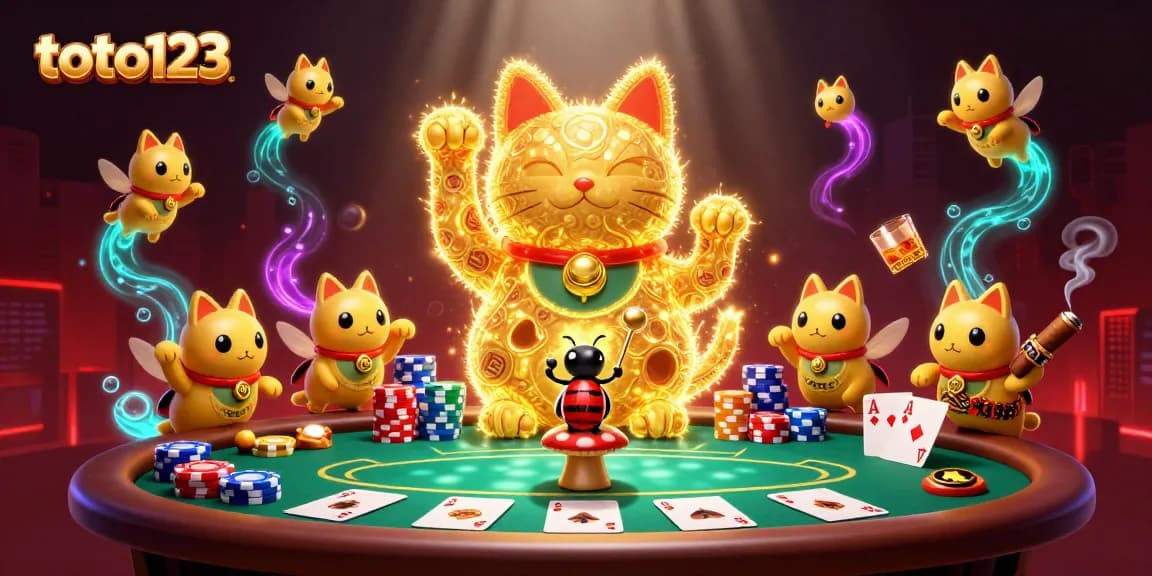 Engage with toto123 as golden fireflies form a lucky cat amid vibrant casino elements.