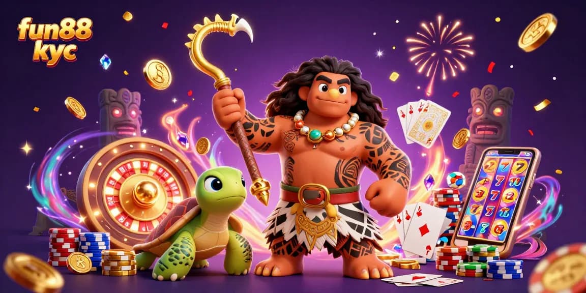 Trải nghiệm hấp dẫn tại fun88 kyc với nhân vật hoạt hình 3D, tiền xu vàng và các trò chơi cá cược.