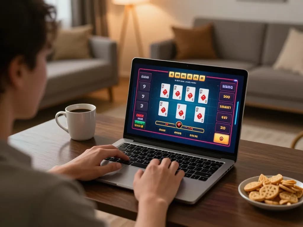 Player enjoys sc88 live dealer games at home with laptop and snacks, set in cozy atmosphere.