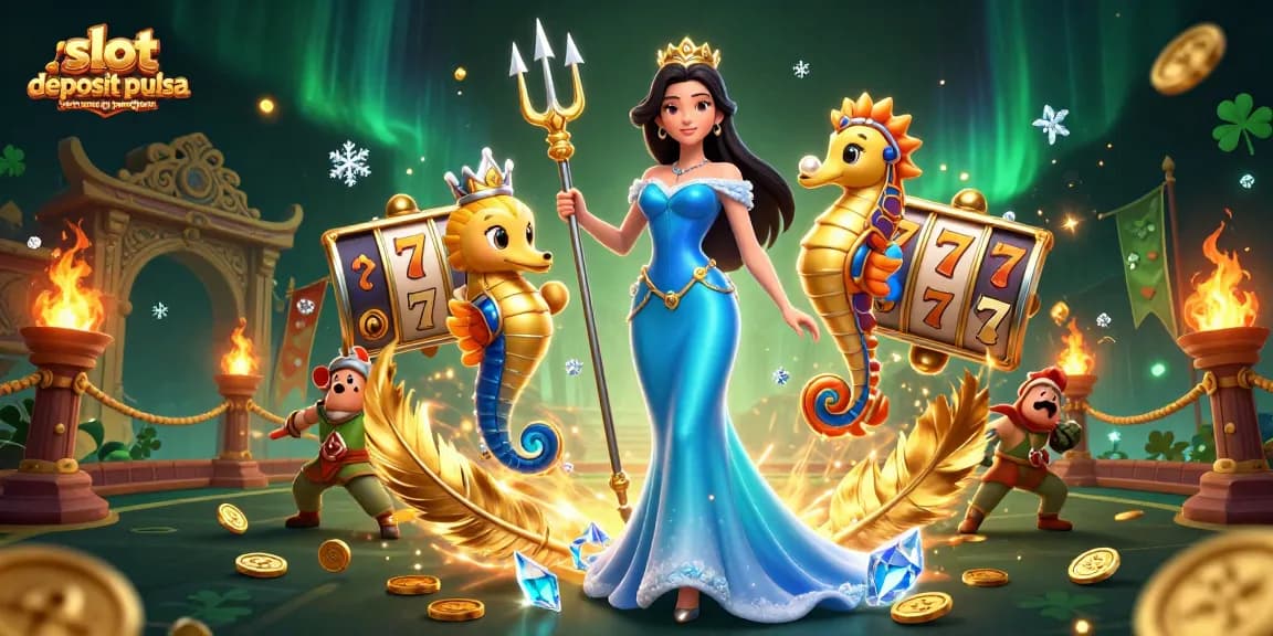 Experience the excitement of slot deposit pulsa tanpa potongan with a magical scene of a woman and a seahorse king.