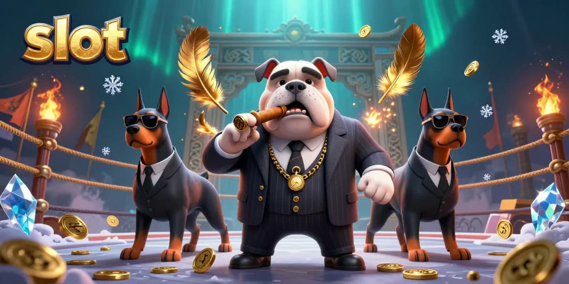 Spin the slot reels with the mafia-style bulldog and his bodyguard, surrounded by casino excitement.