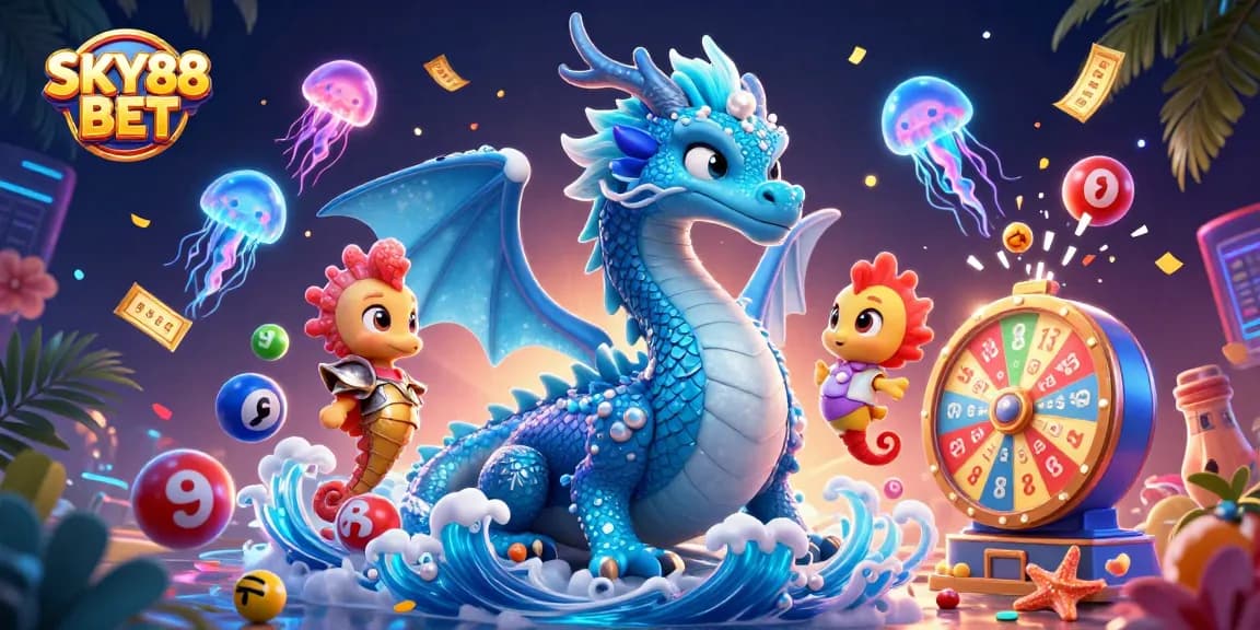 Engage with SKY88 BET in this vibrant illustration of a dragon, seahorse knight, and dynamic gaming elements.