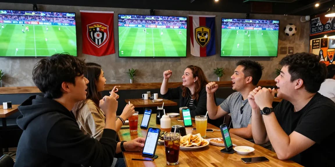 Diverse friends enjoying live football match while using the open88 app at a lively sports café.