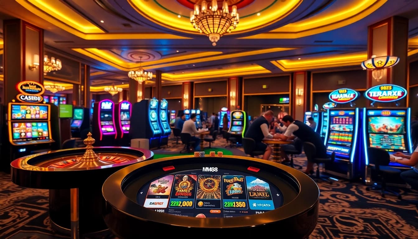Experience the thrill at MM88 with colorful gambling tables and exciting slot machines.