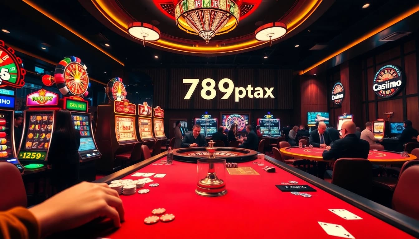 A dynamic casino scene featuring roulette and poker tables, highlighting the excitement of 789p.tax.