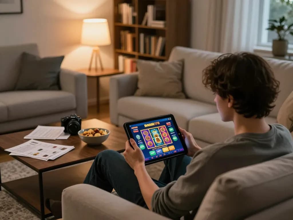 Engaging online gaming scene featuring badak178 on tablet, cozy home atmosphere and strategic insights