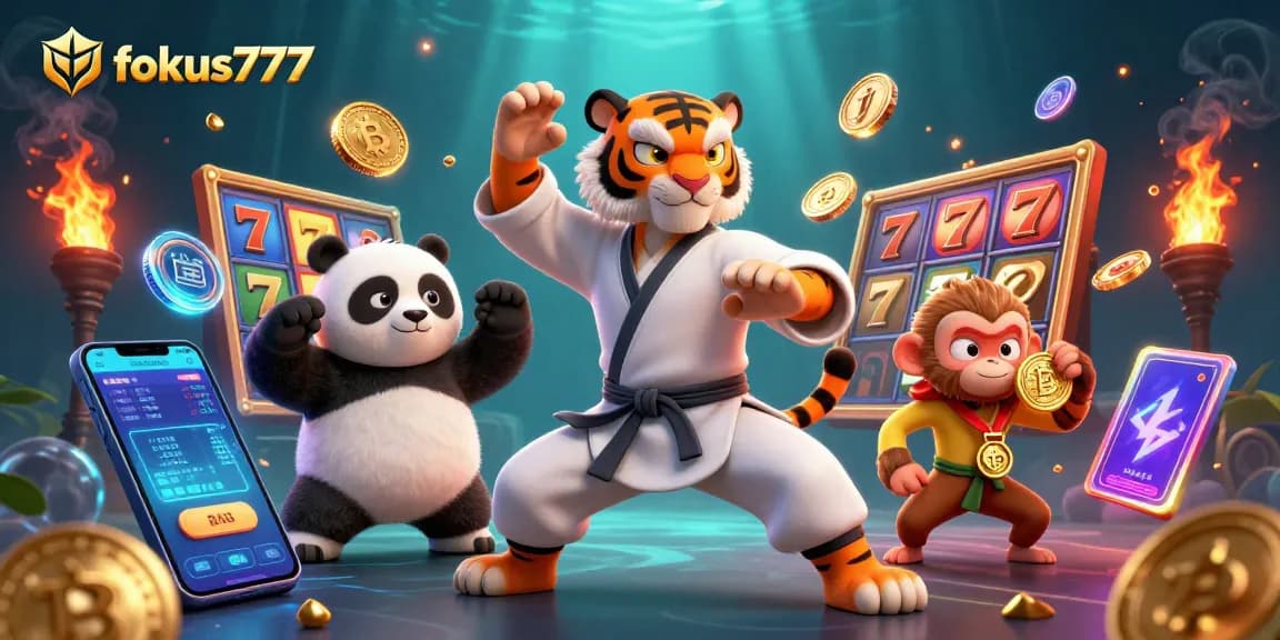 Experience thrilling action with fokus777 as animated characters celebrate in a vibrant casino scene.