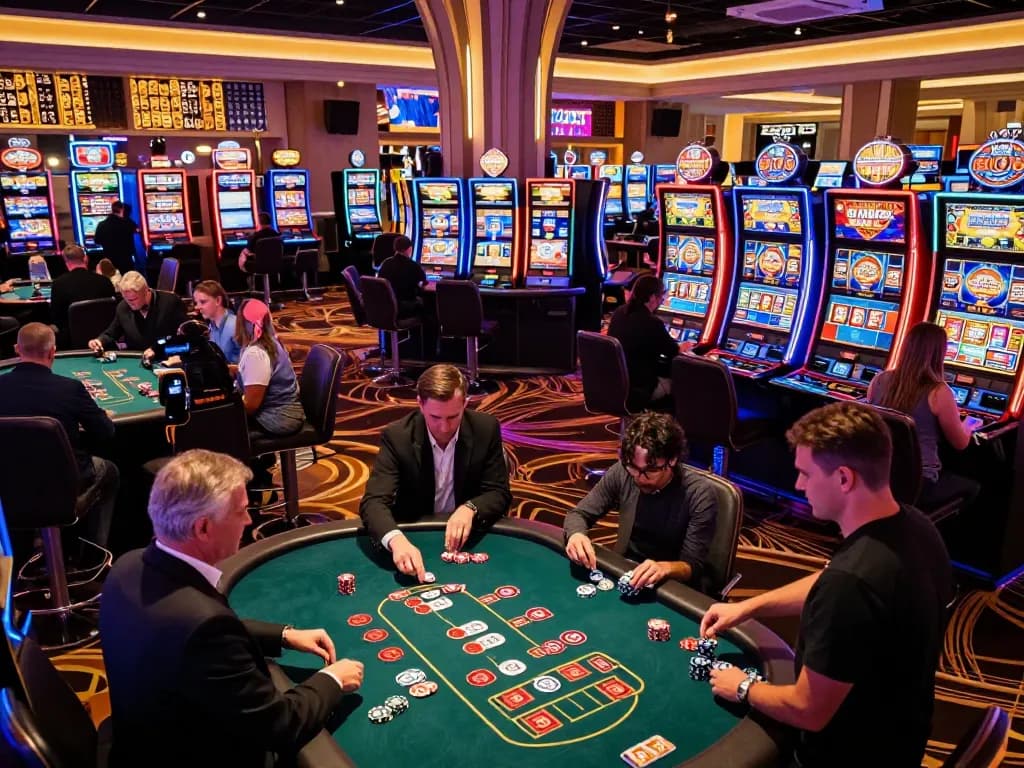 Players engaging at kp88's lively blackjack table in a vibrant Vegas casino.