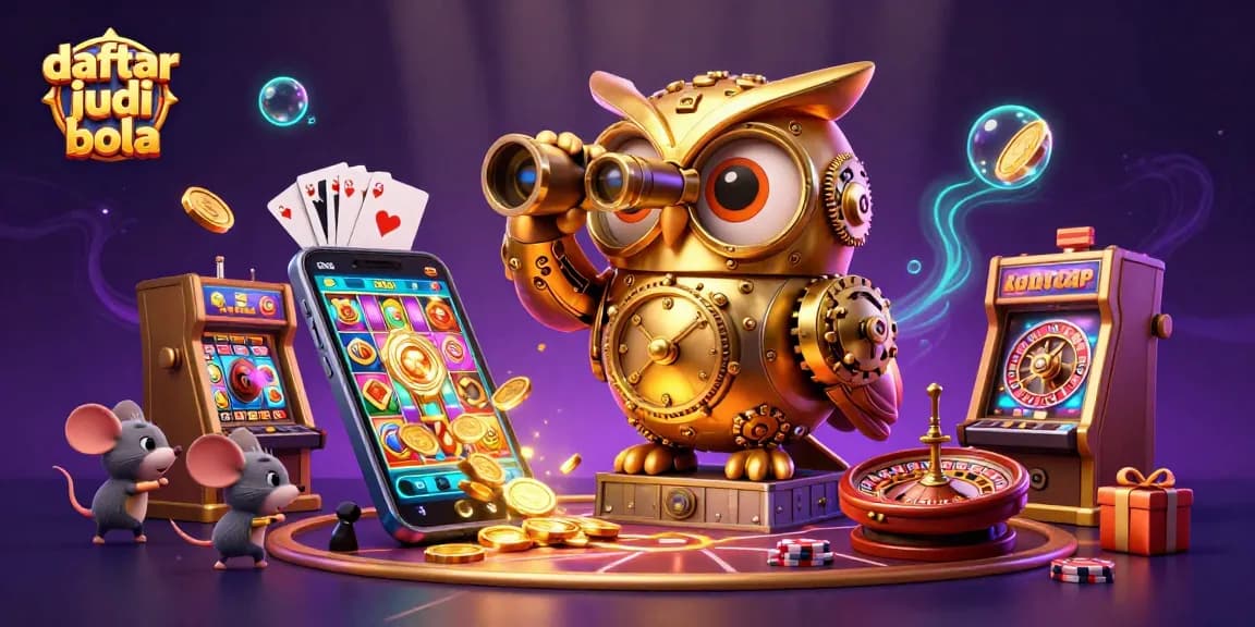 Engage in daftar judi bola with a whimsical scene featuring a golden owl and dynamic casino elements.