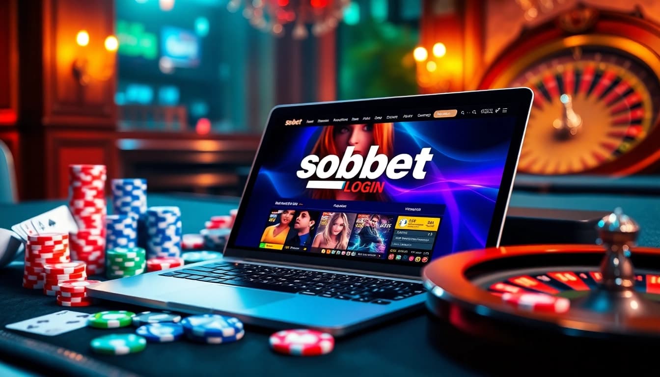 Exciting online betting with sbobet login on a sleek laptop amidst vibrant casino elements.