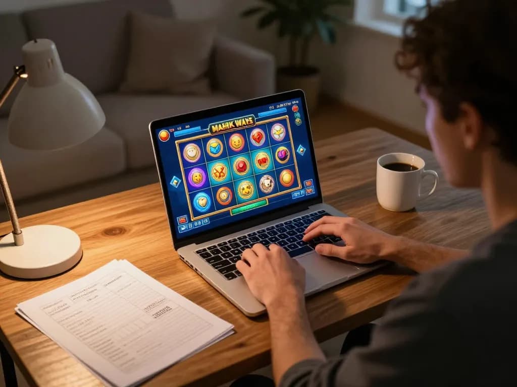 Situs Tempo123 player engaged in Mahjong Ways slot game while analyzing strategies at home