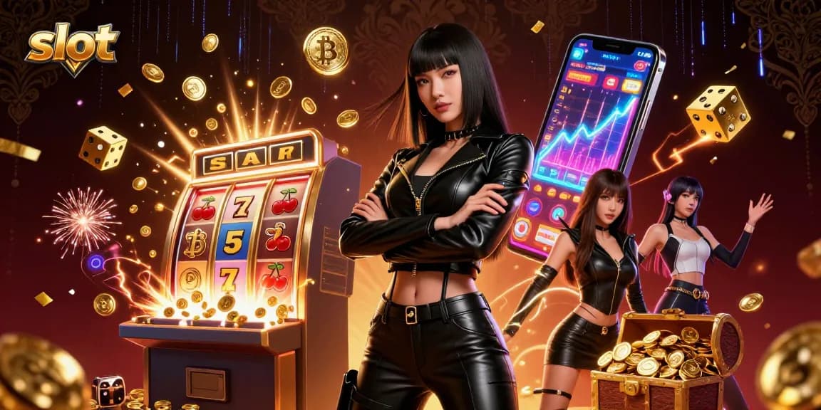Experience thrilling slot action with a stunning Asian woman in a stylish outfit amidst a jackpot explosion.