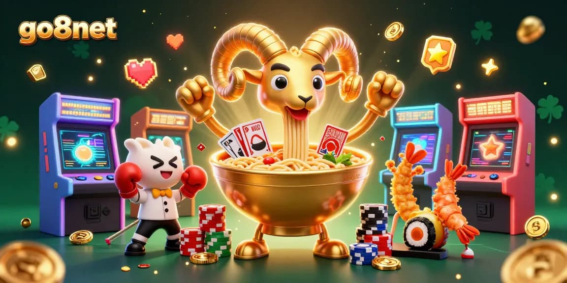 Winning with go8net in a vibrant, dynamic casino illustration featuring classic game elements and characters.