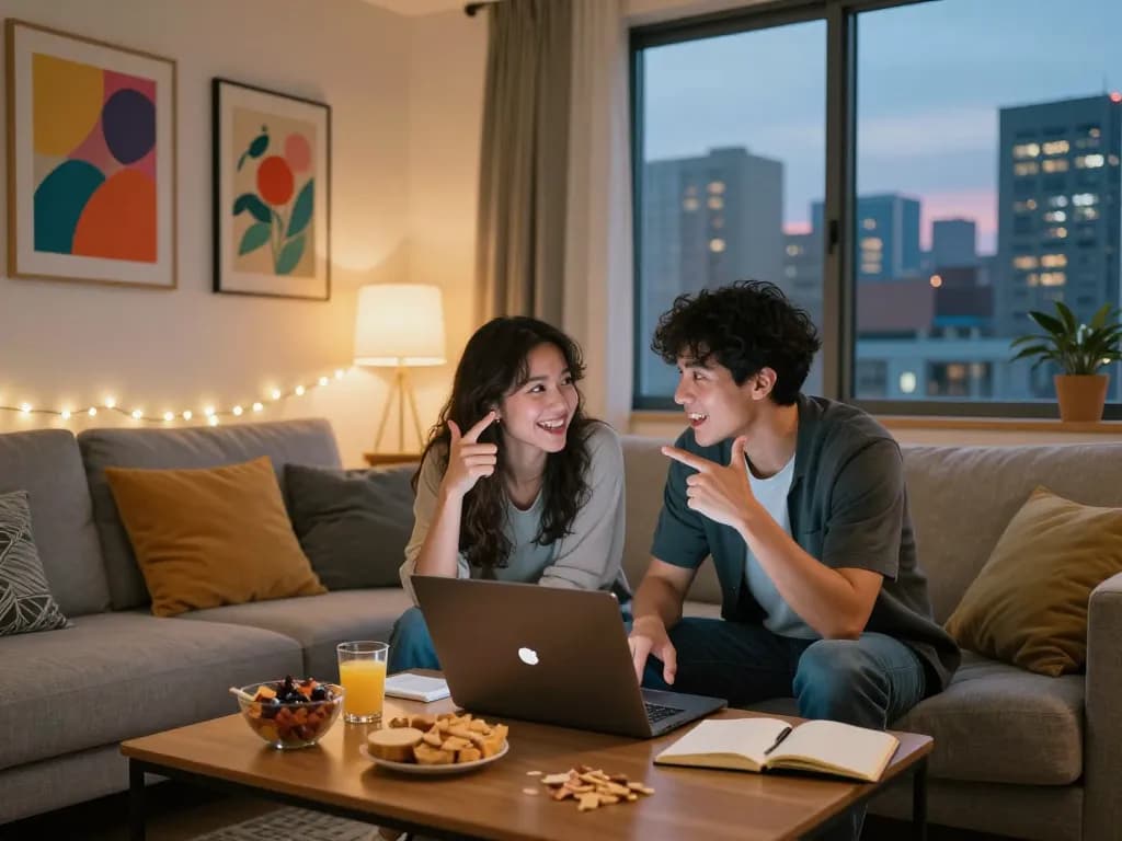 Couple enjoying NSFW AI chat together in a cozy apartment scene.