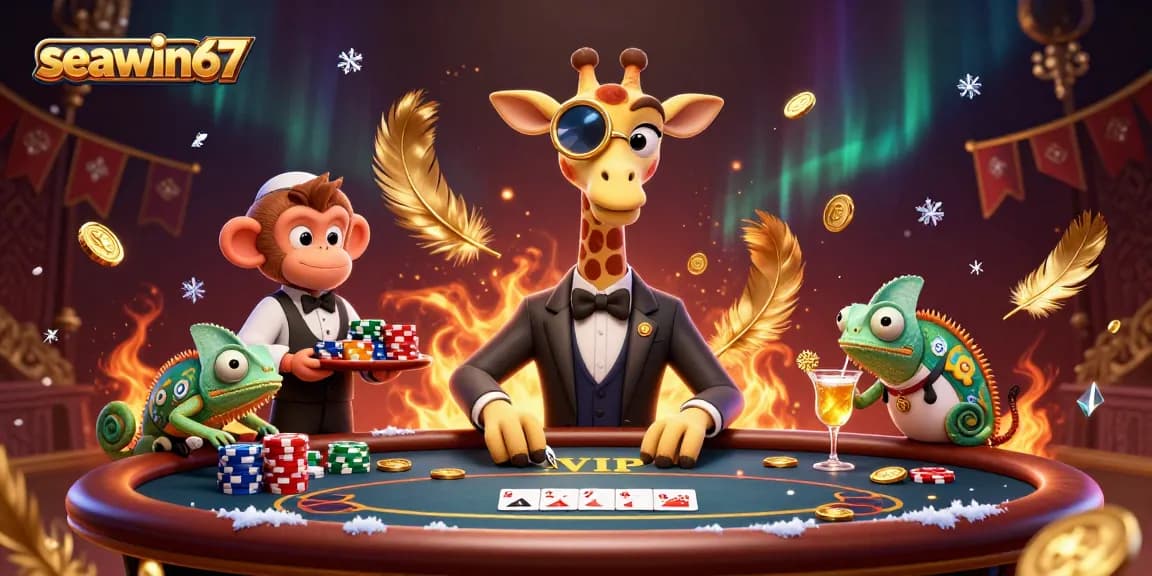 seawin67 menghadap meja poker yang mewah dengan koin emas bertebaran dan aksi kartu