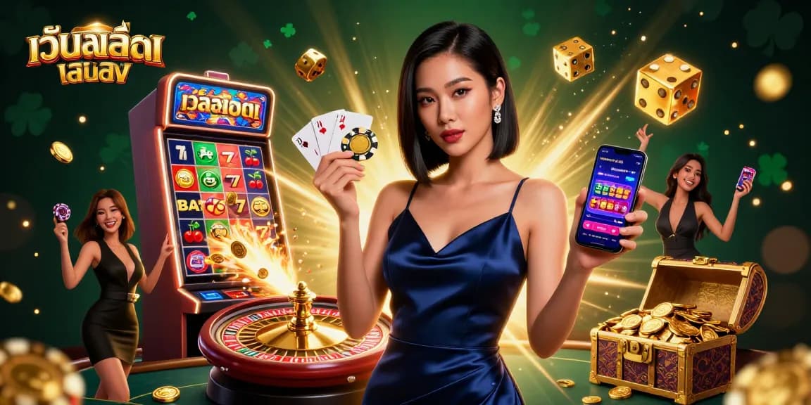 Engage with เว็บสล็อตตรง featuring a stunning Asian woman displaying her casino skills alongside vibrant game elements.