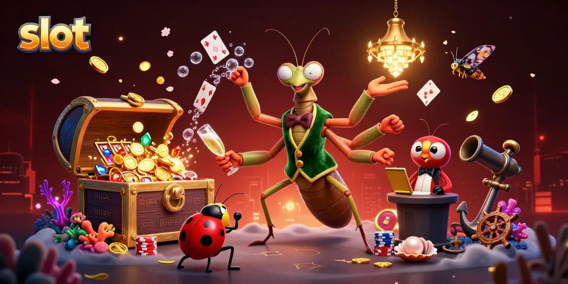 Spin exciting slot reels with a charming 3D mantis dealer in a vibrant casino environment.