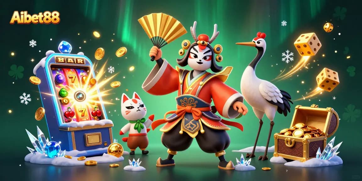 Aibet88 offers thrilling casino action with vibrant characters, golden coins, and jackpot excitement