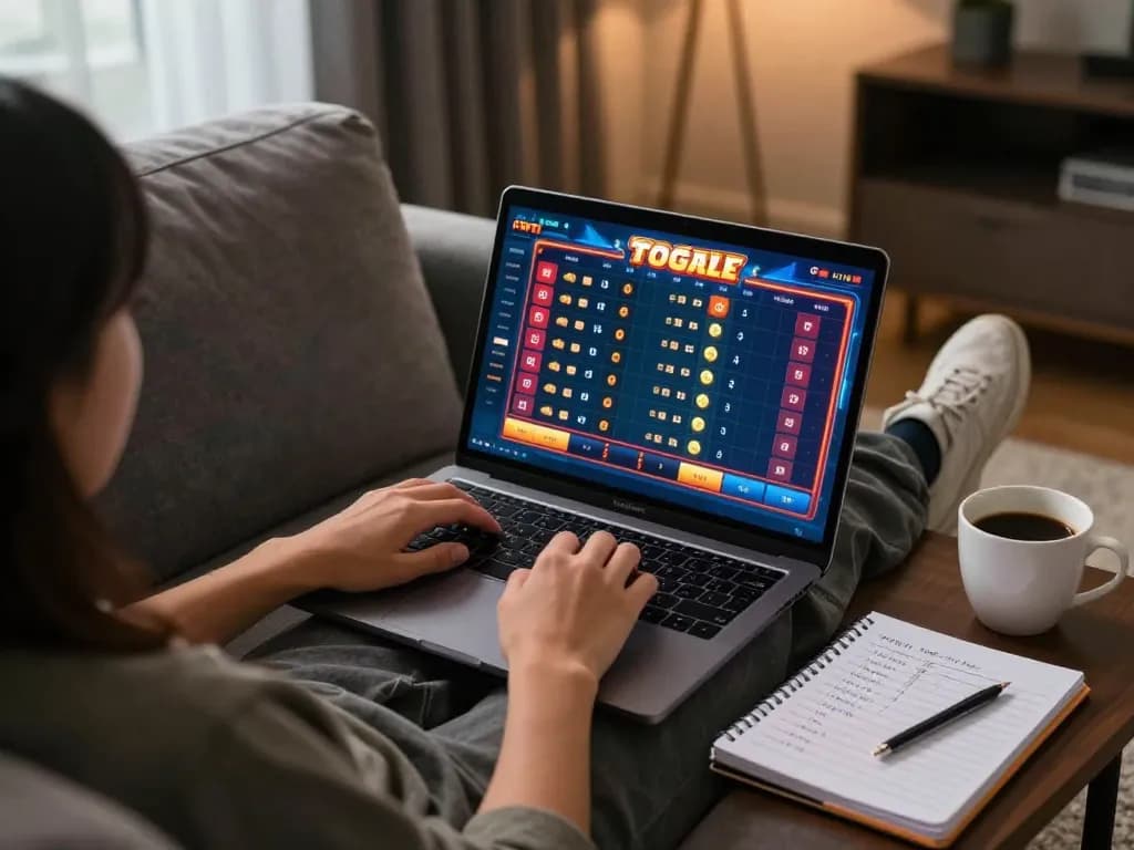 Engaging player accessing togel online game on laptop in a cozy living room
