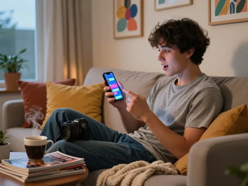 Live chat with 18+ AI in a cozy environment with warm lighting and vibrant details.