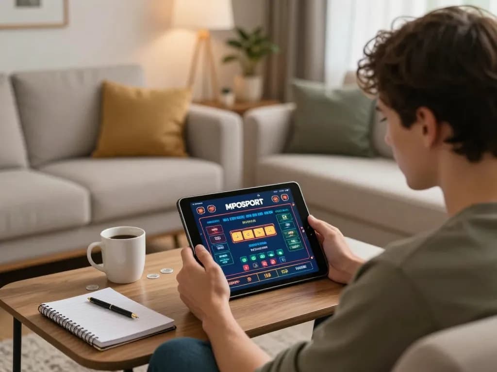 Person engaging with MPOSPORT online casino on tablet in cozy living room for strategic gameplay
