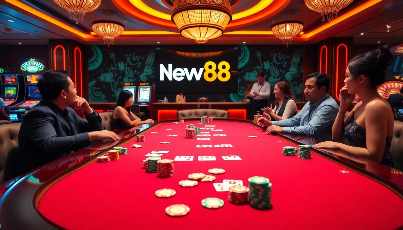 Experience the vibrant casino atmosphere at New88 with players engaging in intense poker action.