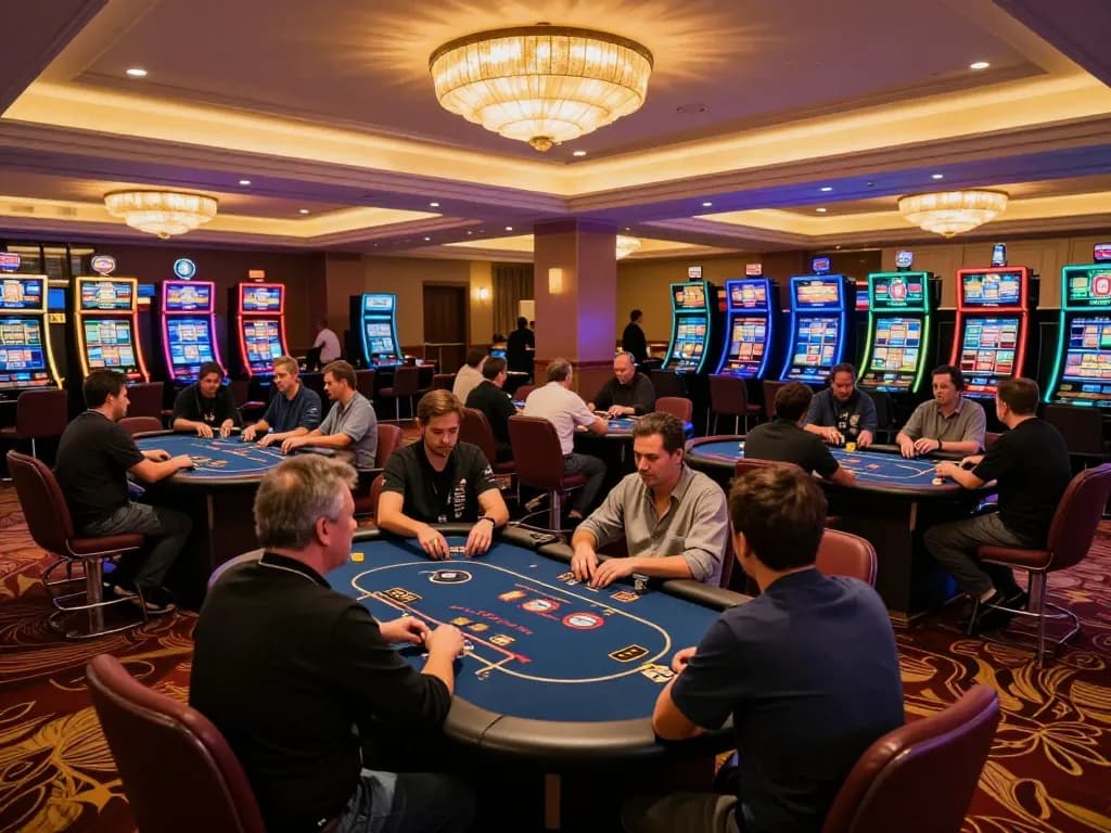 Play at dn88 casino with vibrant poker tables and exciting slot machines, showcasing a dynamic gaming atmosphere.