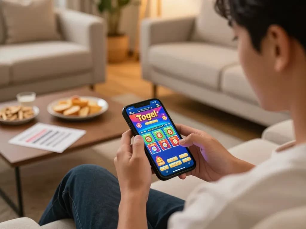Engaging with Togel online on smartphone in cozy living room setting, highlighting interactive gaming.
