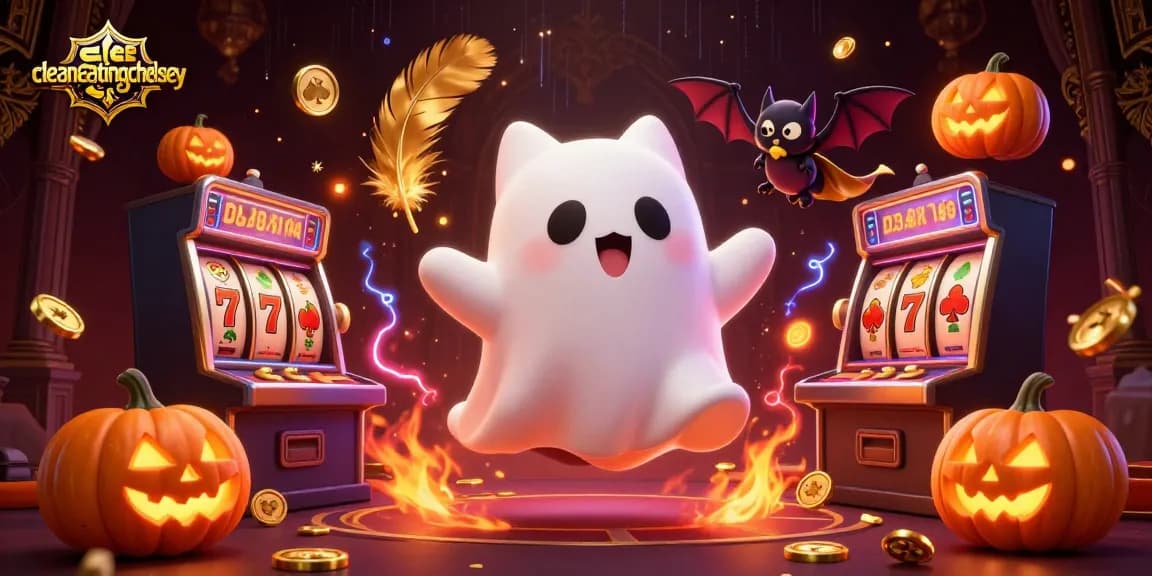 cleaneatingchelsey showcases a haunted casino scene with a ghost cat, vampire bat, and glowing jack-o-lanterns.