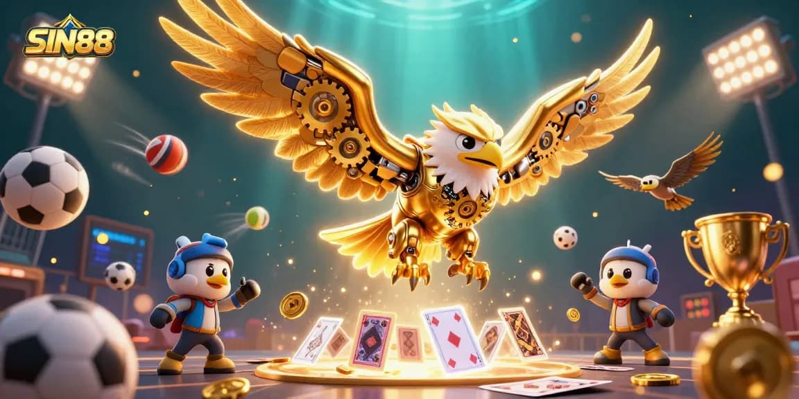 SIN88's dynamic betting scene with a golden eagle soaring among holographic cards and sports elements