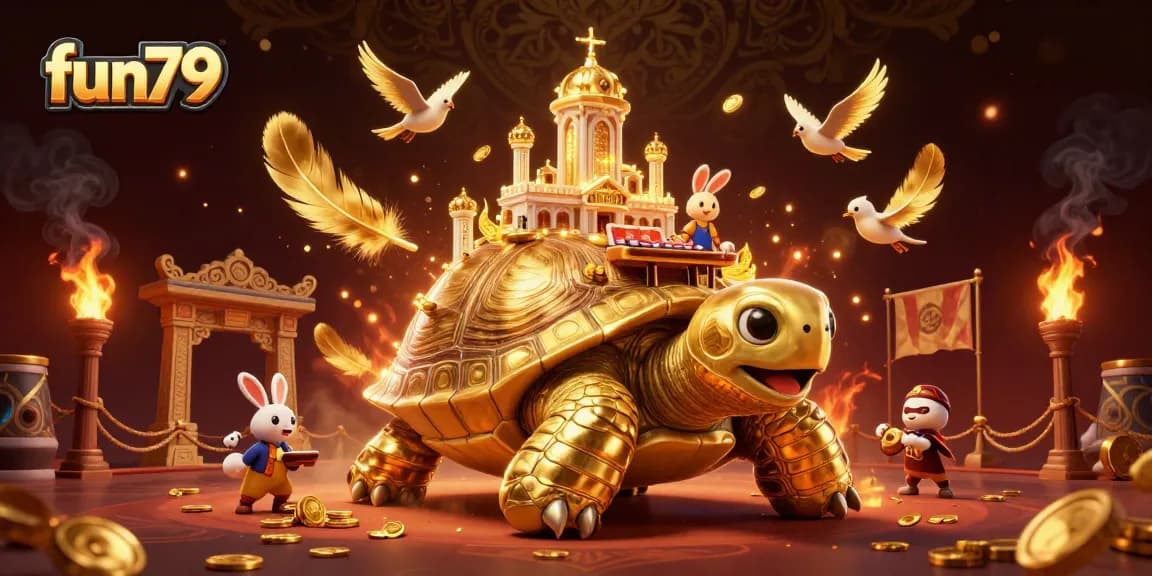 Experience the excitement at fun79 with a stunning jackpot scene, including a golden tortoise and lively dealer.