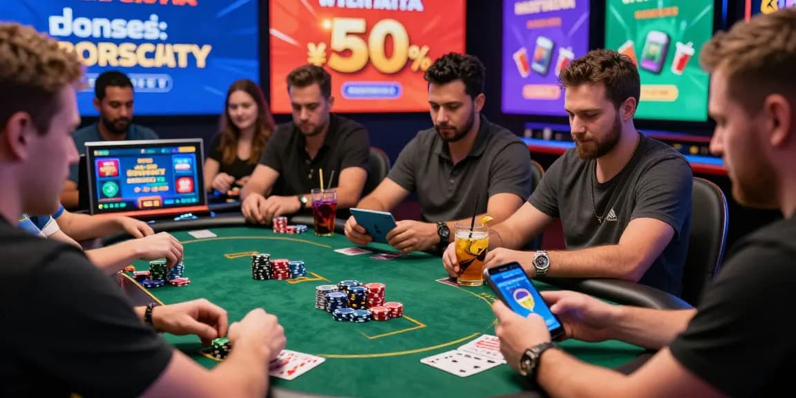 Exciting online gaming scene with players enjoying mastercard casinos on various devices, showcasing vibrant atmosphere and social engagement.