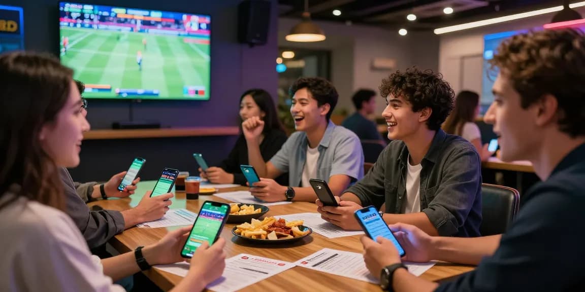 Group enjoying the excitement of online betting with 28bet app in a modern lounge.