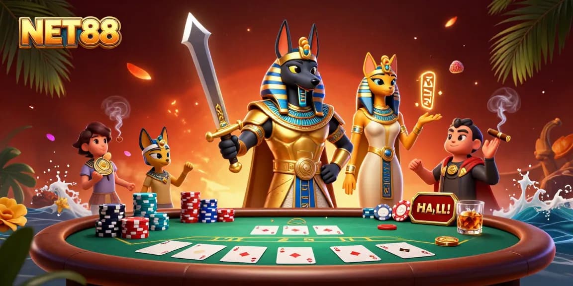 Engage in action with NET88’s dynamic poker scene, showcasing Anubis and Bastet amidst rich casino elements.