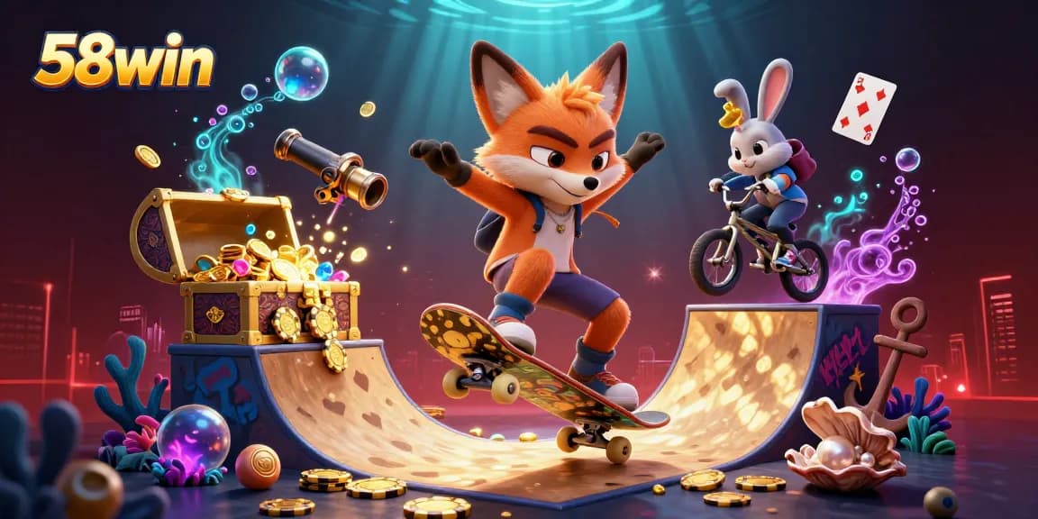 Experience 58win with an action-packed scene of a skateboarder fox and BMX rabbit enjoying casino adventures.