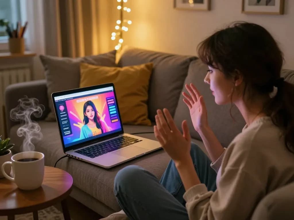 Engaging user in a cozy setting enjoying a personalized sex chat ai experience on a vibrant laptop