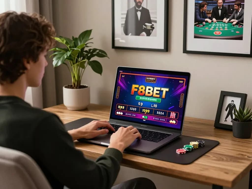 Engaging player enjoying F8BET's online blackjack on a sleek home office setup with live dealer view
