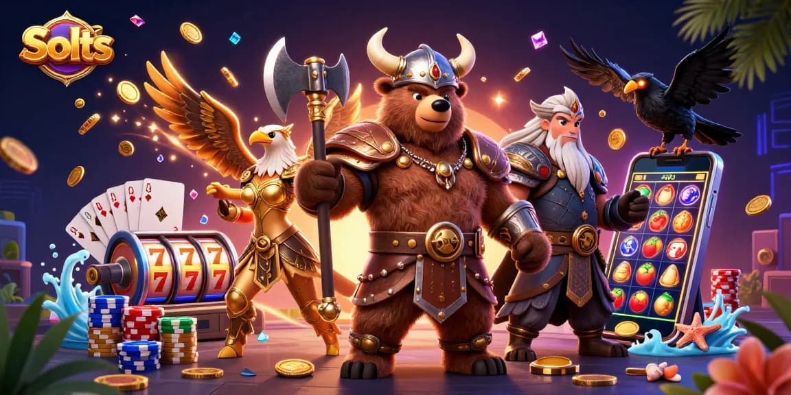 Experience slots excitement surrounded by Viking characters with spinning reels and golden tokens.
