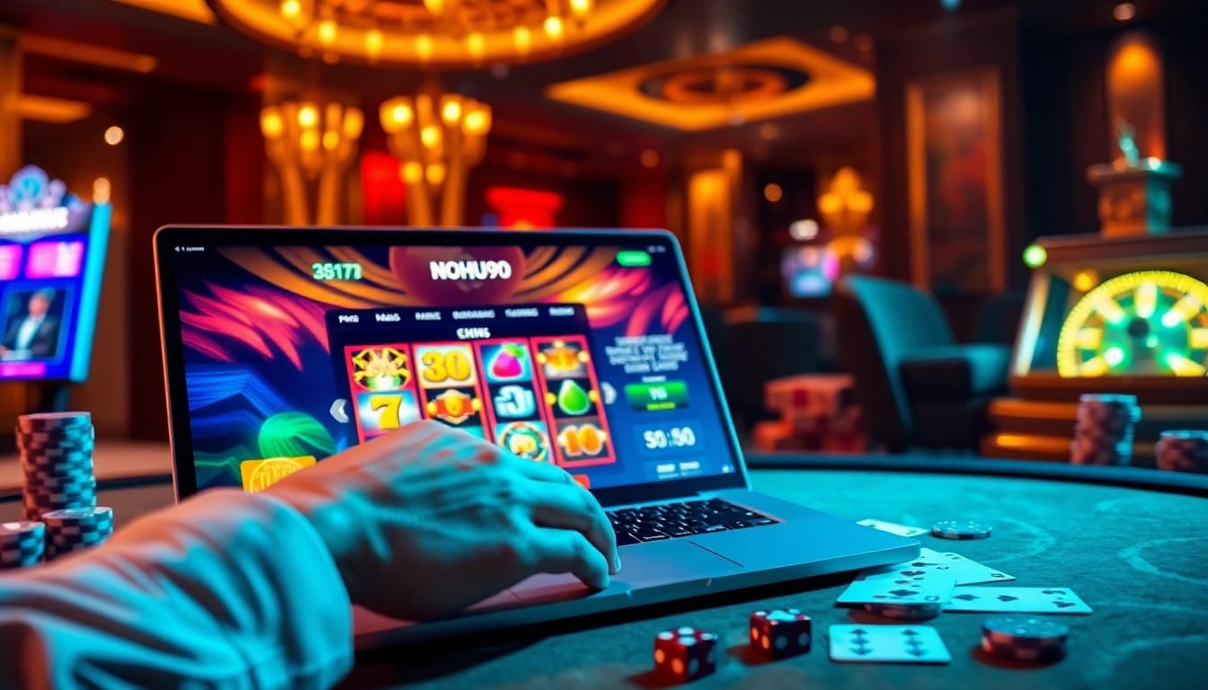 Nohu90 online gambling interface with casino elements like poker chips and slot machine colors.