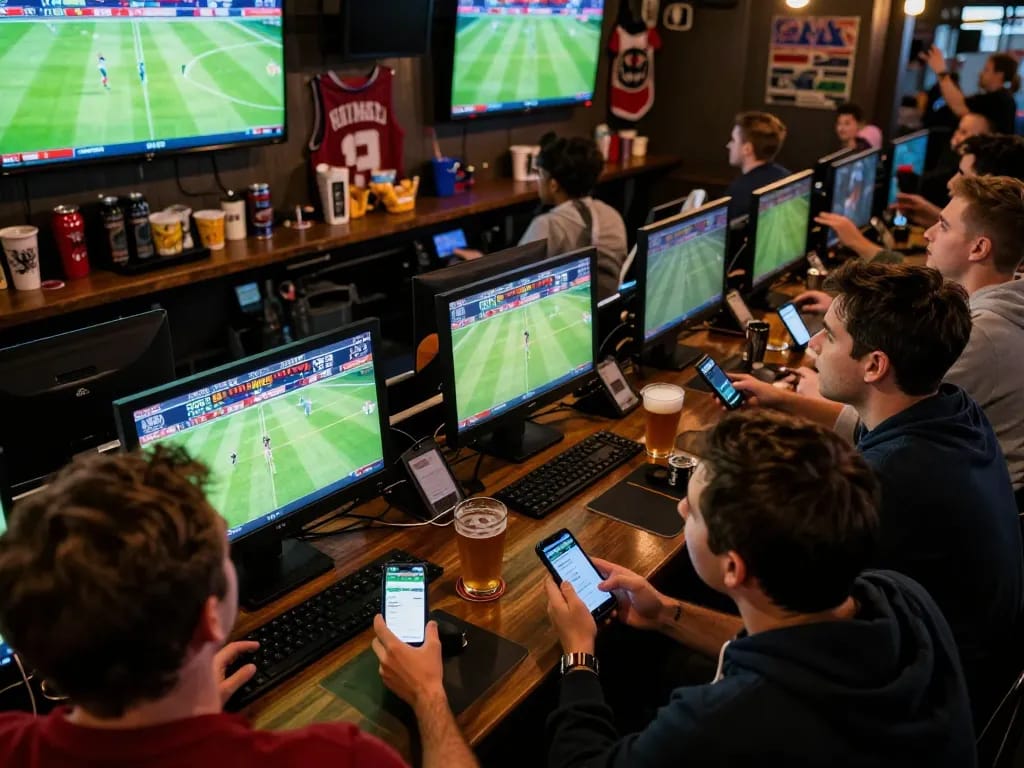 KQBD sports betting scene with excited patrons monitoring live matches and placing bets
