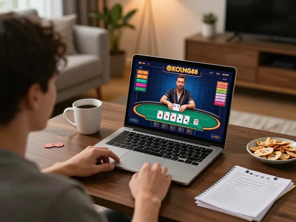 KONG88 player engaging with live dealer poker on laptop in cozy home setting