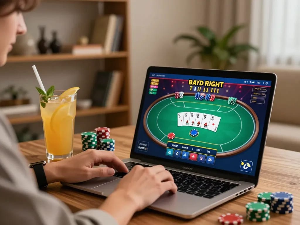 Player engages in online gaming at f8betlv with laptop displaying poker, in a cozy home setting.