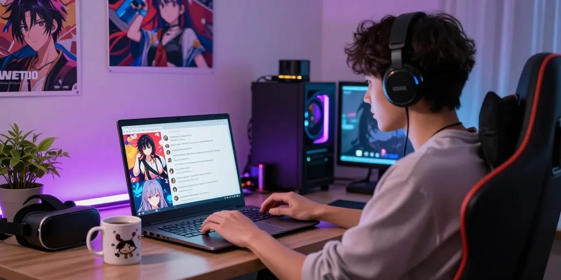 Engaged in a hentai ai chat, a young adult interacts with vibrant anime characters in a cozy home office.