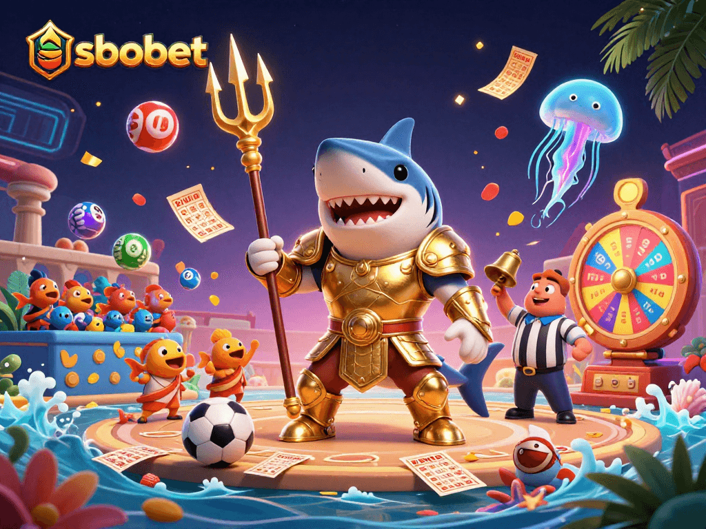 SBOBET sports betting scene with exciting colorful elements and a cartoon tiger shark holding a trident.